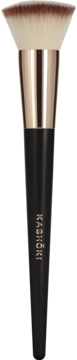 Kashōki Flat Top Kabuki Brush 100 z białym włosiem, miedzianą skuwką i czarną rączką, pionowy widok z przodu. Idealny do pudru.