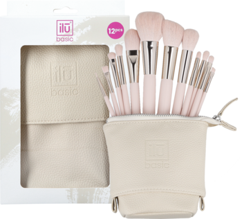 Ilū Basic Set, 12 wegańskich pędzli z różowymi rączkami i srebrnymi skuwkami, w beżowym etui, w pudełku.
