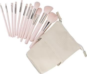 Ilū Basic Set: różowe, wegańskie pędzle do makijażu ze srebrnymi skuwkami i beżowym etui, widok z góry.