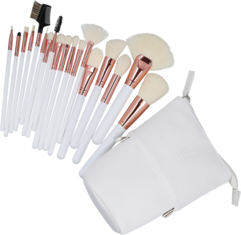 Zestaw pędzli Ilū Basic Set: białe pędzle do makijażu z różowozłotymi skuwkami i białym, teksturowanym etui.