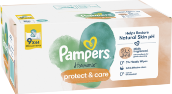 Pampers Harmonie Protect&Care chusteczki nawilżane 0% plastiku, biało-zielone opakowanie, widok z przodu.