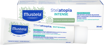 Mustela Stelatopia Intense krem: biała tubka z pudełkiem z tyłu. 93% naturalnych składników na podrażnioną skórę.