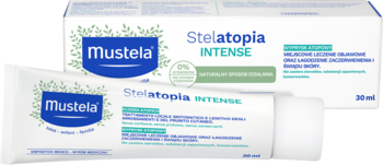 Mustela Stelatopia Intense krem na atopowe zapalenie skóry, biała tubka i opakowanie kartonowe, widok z przodu.