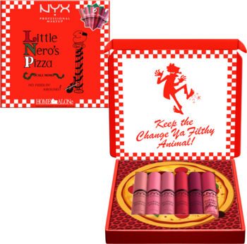 Czerwony zestaw NYX Home Alone: pudełko pizzy Little Nero's z 6 błyszczykami Butter Gloss w odcieniach różu.
