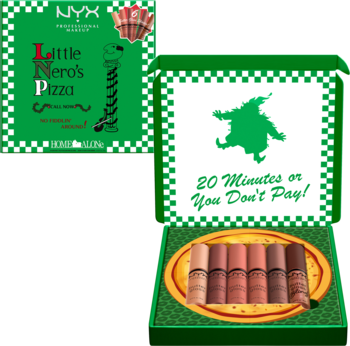 NYX Home Alone Little Nero's Pizza, otwarte zielone pudełko z 6 nude błyszczykami Butter Gloss.