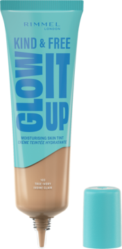 Rimmel Kind & Free Glow It Up podkład nawilżający 103 True Ivory w niebiesko-beżowej tubce, obok nakrętka.