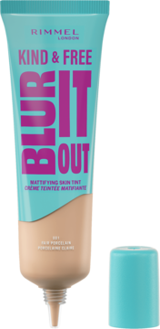 Rimmel Kind & Free Blur It Out Mattifying Skin Tint, odcień 101 Fair Porcelain, w turkusowej tubce z odkręconą nakrętką.