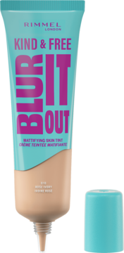 Rimmel Kind & Free Blur It Out, matujący podkład w turkusowo-beżowej tubce, widoczny odcień 010 Rose Ivory, otwarta zakrętka.