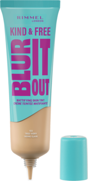 Rimmel Kind & Free Blur It Out matujący skin tint, turkusowa tubka, otwarty, odcień 103 True Ivory.