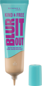 Matujący podkład Rimmel Kind & Free Blur It Out 160 Vanilla w turkusowo-beżowej tubce, odkręcony, z nakrętką obok.