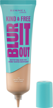 Rimmel Kind & Free Blur It Out, matujący tint do twarzy 103 Golden Vanilla, turkusowa tubka z otwartym aplikatorem.
