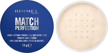 Rimmel Match Perfection Puder Sypki Transparentny. Niebieskie opakowanie i widok na jasny puder w sicie obok.