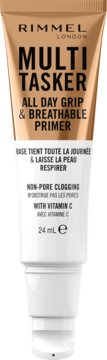Rimmel Multi-Tasker All Day Grip & Breathable Primer z witaminą C, beżowo-biała tuba, widok z przodu.