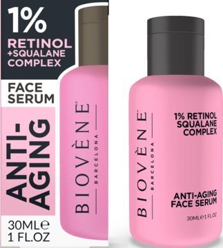 Różowa butelka i kartonowe opakowanie serum Biovène 1% Retinol Squalane Complex Anti-Aging Face Serum, widok z przodu.