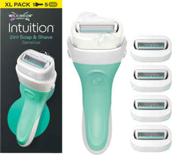 Wilkinson Intuition Sensitive 2w1 maszynka do golenia. Widok przód: tealowa maszynka, czarne opakowanie i 4 wkłady.