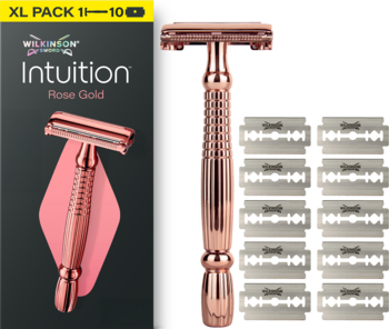 Wilkinson Intuition Rose Gold: różowozłota metalowa maszynka do golenia z 10 żyletkami, widok produktu i opakowania.