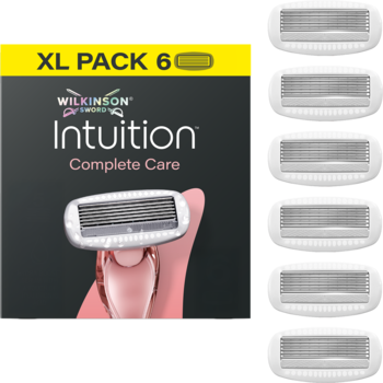Wilkinson Intuition Complete Care, 6 wkładów z 5 ostrzami Skin Protect i żelem hialuronowym. Opakowanie i wkłady.