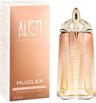 Mugler Alien Goddess Supra Florale, woda perfumowana, złota butelka z ozdobnym korkiem, obok pudełko, widok z przodu.