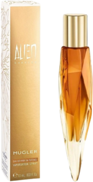 Mugler Alien Goddess Intense Eau de Parfum w złotym, fasetowanym flakonie i złotym opakowaniu, widok z przodu.