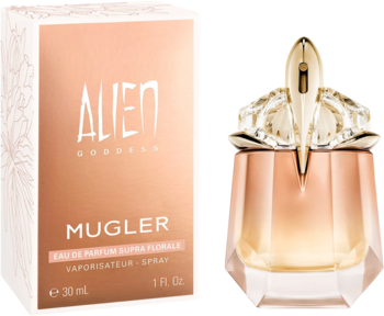 Mugler Alien Goddess Supra Florale woda perfumowana: złota butelka perfum i różowe pudełko, widok z przodu.