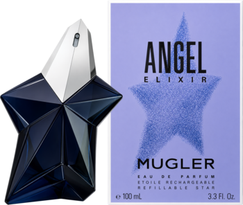 Angel Elixir Mugler woda perfumowana, granatowy flakon-gwiazda i fioletowe pudełko z nazwą produktu.