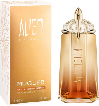 Woda perfumowana Alien Goddess Intense. Złoto-bursztynowa butelka i pudełko Mugler z kwiatowym akcentem, widok z przodu.
