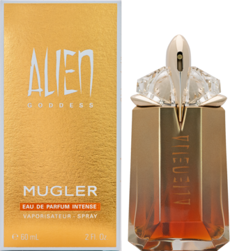 Złota butelka perfum Mugler Alien Goddess Intense obok złotego pudełka. Zapach damski.