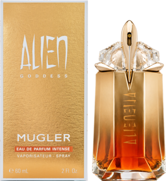 Alien Goddess Intense Eau de Parfum Intense Mugler. Złote pudełko obok złoto-bursztynowego flakonu, widok z przodu.