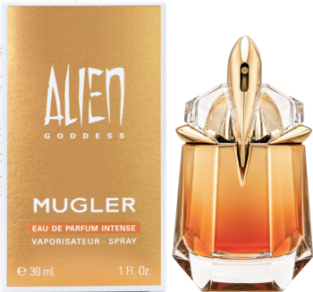 Złoty Alien Goddess Intense Eau de Parfum Mugler 30ml w pudełku i ikonicznym, fasetowanym flakonie.