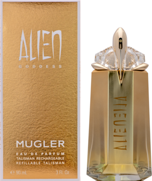 Mugler Alien Goddess 90ml EDP, złoty flakon z rzeźbionym korkiem i pasujące pudełko. Widok z przodu.