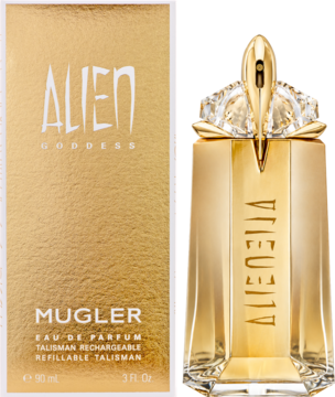 Mugler Alien Goddess woda perfumowana: złoty flakon-talizman (wielokrotnego napełniania) i pudełko.