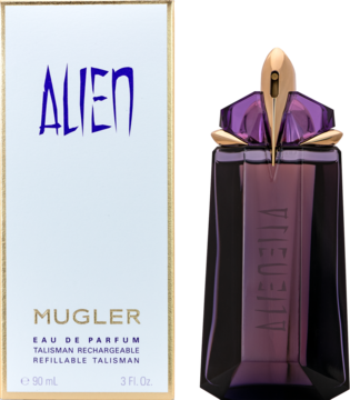 Mugler Alien Eau de Parfum: fioletowy flakon obok białego pudełka z napisem Alien. Flakon jest do wielokrotnego napełniania.