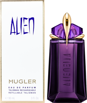Perfumy Mugler Alien EDP w białym pudełku i fioletowym, napełnianym flakonie o pojemności 90ml, widok z przodu.
