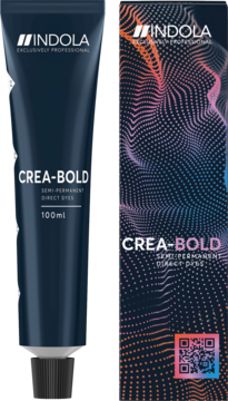 Indola Crea-bold półtrwała farba do włosów Canary Yellow, ciemnoniebieska tubka i pudełko z abstrakcyjnym wzorem, widok z przodu.