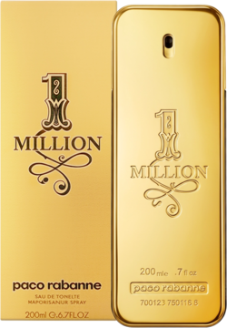 Złoty flakon Paco Rabanne 1 Million EDT (200ml) w kształcie sztabki, obok złote pudełko, widok przód.