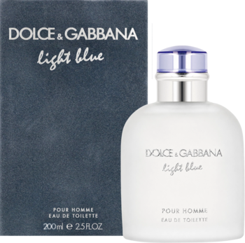 Męska woda toaletowa Dolce & Gabbana Light Blue Pour Homme 200ml, biała butelka obok szaroniebieskiego pudełka.