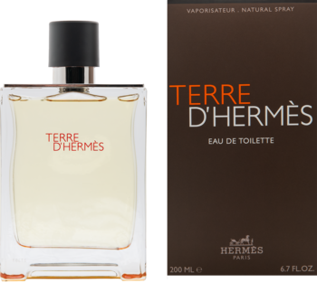 Terre d'Hermès Eau de Toilette, butelka z jasnym płynem i brązowe pudełko prezentowane obok siebie.