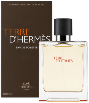 Terre d'Hermès Eau de Toilette, przezroczysta butelka obok brązowego pudełka z logo, widok z przodu.