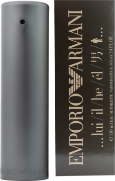 Giorgio Armani Emporio Homme EDT: szara, podłużna butelka i czarne pudełko z logo, widok z przodu.
