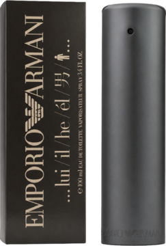 Giorgio Armani Emporio Homme, czarna butelka EDT 100ml i ciemne pudełko z napisem. Elegancki męski zapach.