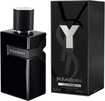 Yves Saint Laurent Y Le Parfum, czarna butelka z geometrycznym kształtem Y i dopasowane pudełko z logo, widok z przodu.