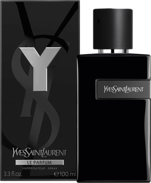 Y Le Parfum Yves Saint Laurent, czarna prostokątna butelka wody perfumowanej i pudełko, widok z przodu.