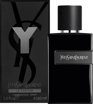 Yves Saint Laurent Y Le Parfum, czarna butelka i pudełko, elegancka woda perfumowana dla mężczyzn, z przodu.