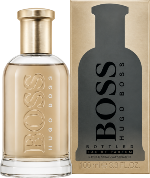Hugo Boss Bottled EDP: złota butelka perfum i beżowe pudełko, widok z przodu, obok siebie.