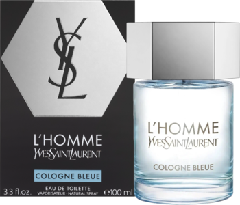 YSL L'Homme Cologne Bleue EDT, przezroczysty flakon z niebieskim płynem i czarne opakowanie YSL obok, widok z przodu.