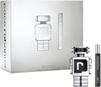 Zestaw Paco Rabanne Phantom: białe pudełko, srebrny flakon-robot 100ml i czarny spray 10ml, widok przodem.