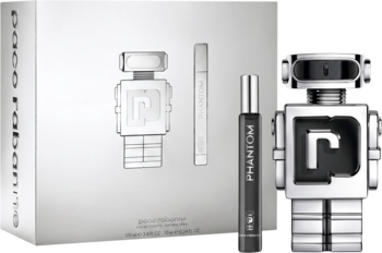 Paco Rabanne Phantom zestaw: białe pudełko z rysunkiem, srebrny flakon robot 100ml i czarny travel spray 10ml.