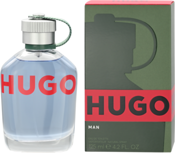 Hugo Man woda toaletowa: niebieska butelka z czerwonym napisem HUGO i zielonym paskiem oraz zielone pudełko z grafiką. Widok z przodu.