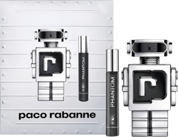 Paco Rabanne Phantom męski zestaw EDT: srebrny flakon robot 100ml, czarny spray 20ml, metaliczne tło.