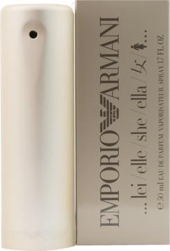 Emporio Armani She Eau de Parfum, biała cylindryczna butelka perfum obok beżowego kartonika 50 ml, widok z przodu.